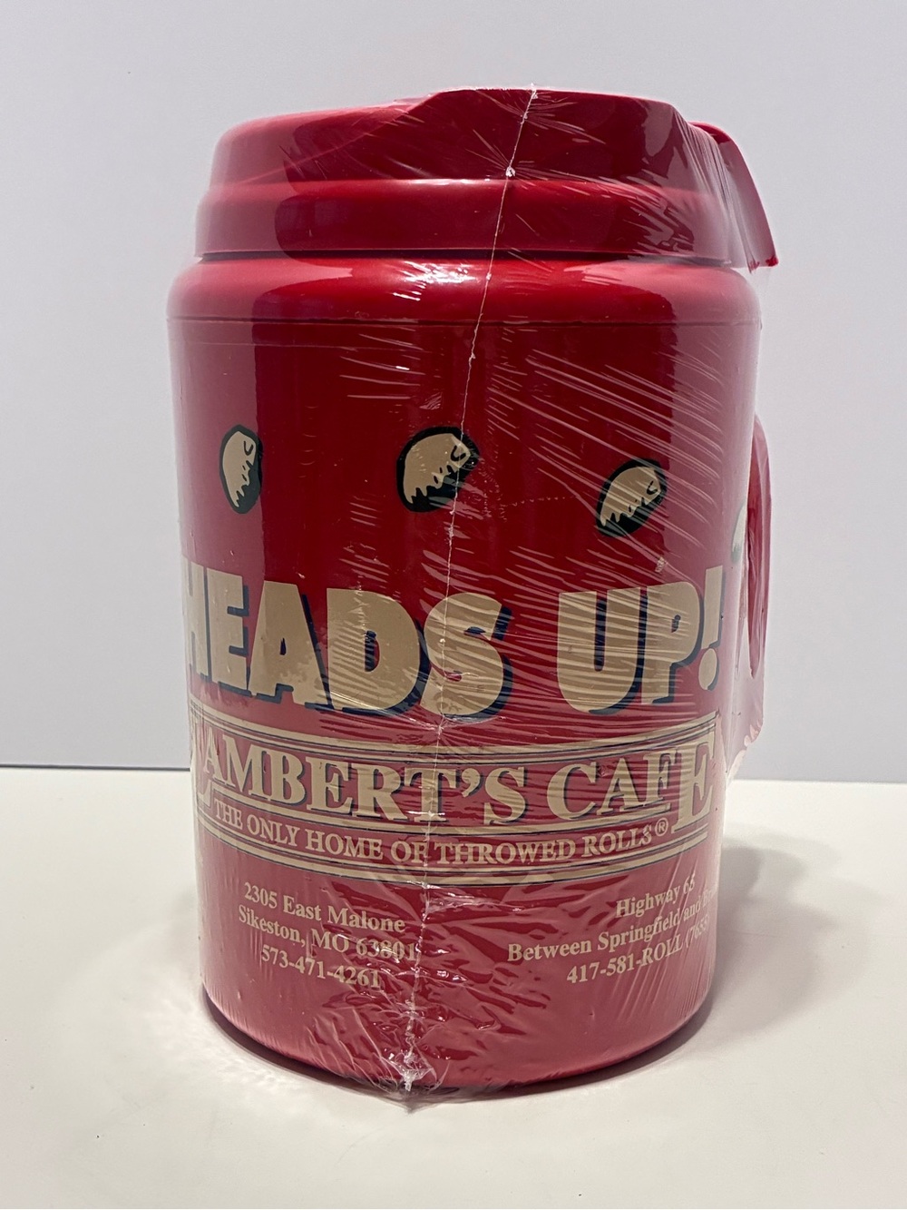 Lambert’s Cafe Heads Up Red 32 Oz Travel Mug Cup Home Of The Throwed Rolls NEW